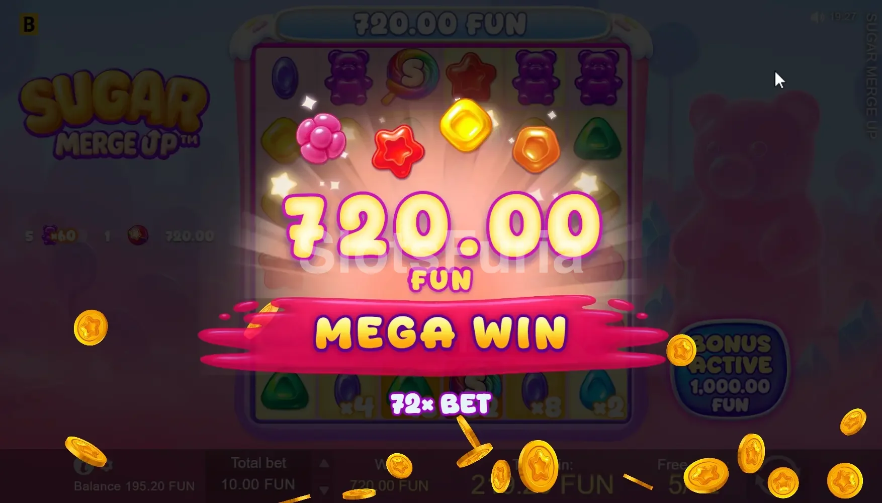 Gran victoria conseguida en Sugar Merge Up con multiplicador elevado