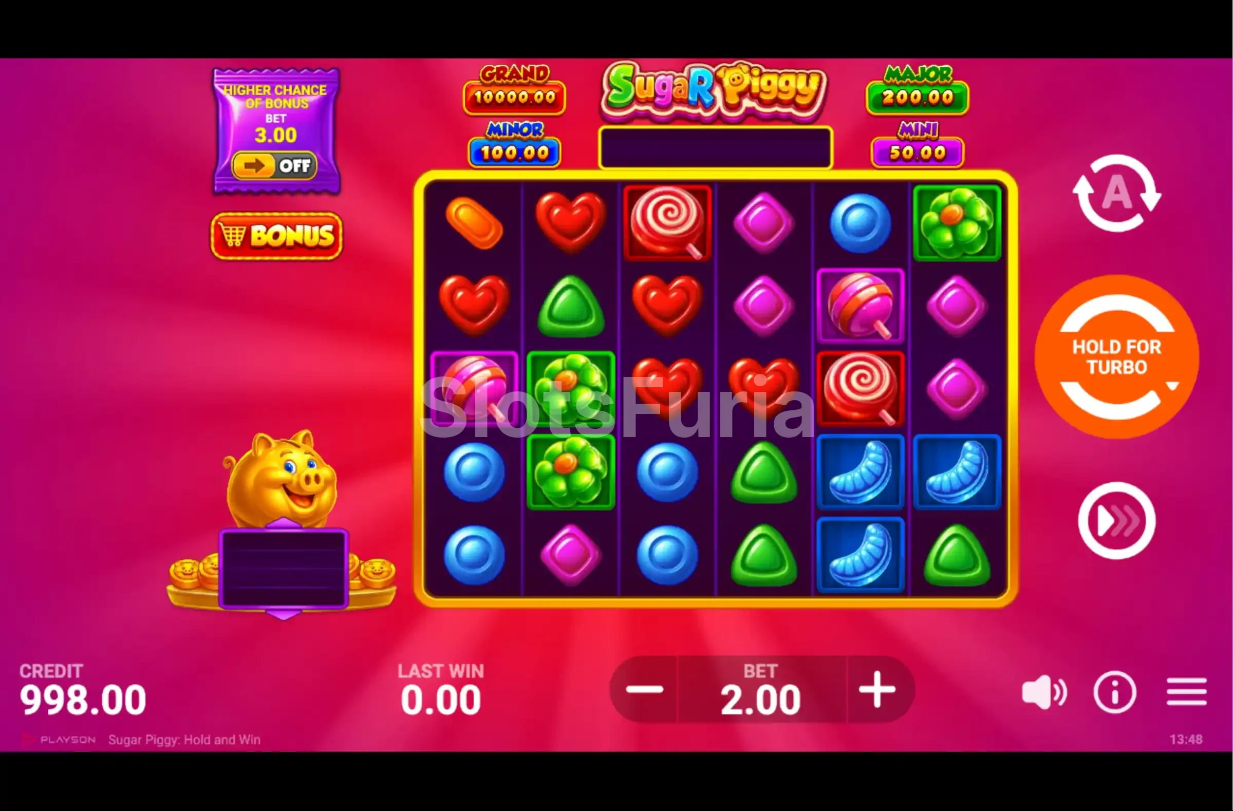 Pantalla principal de Sugar Piggy con los 6 rollos en acción