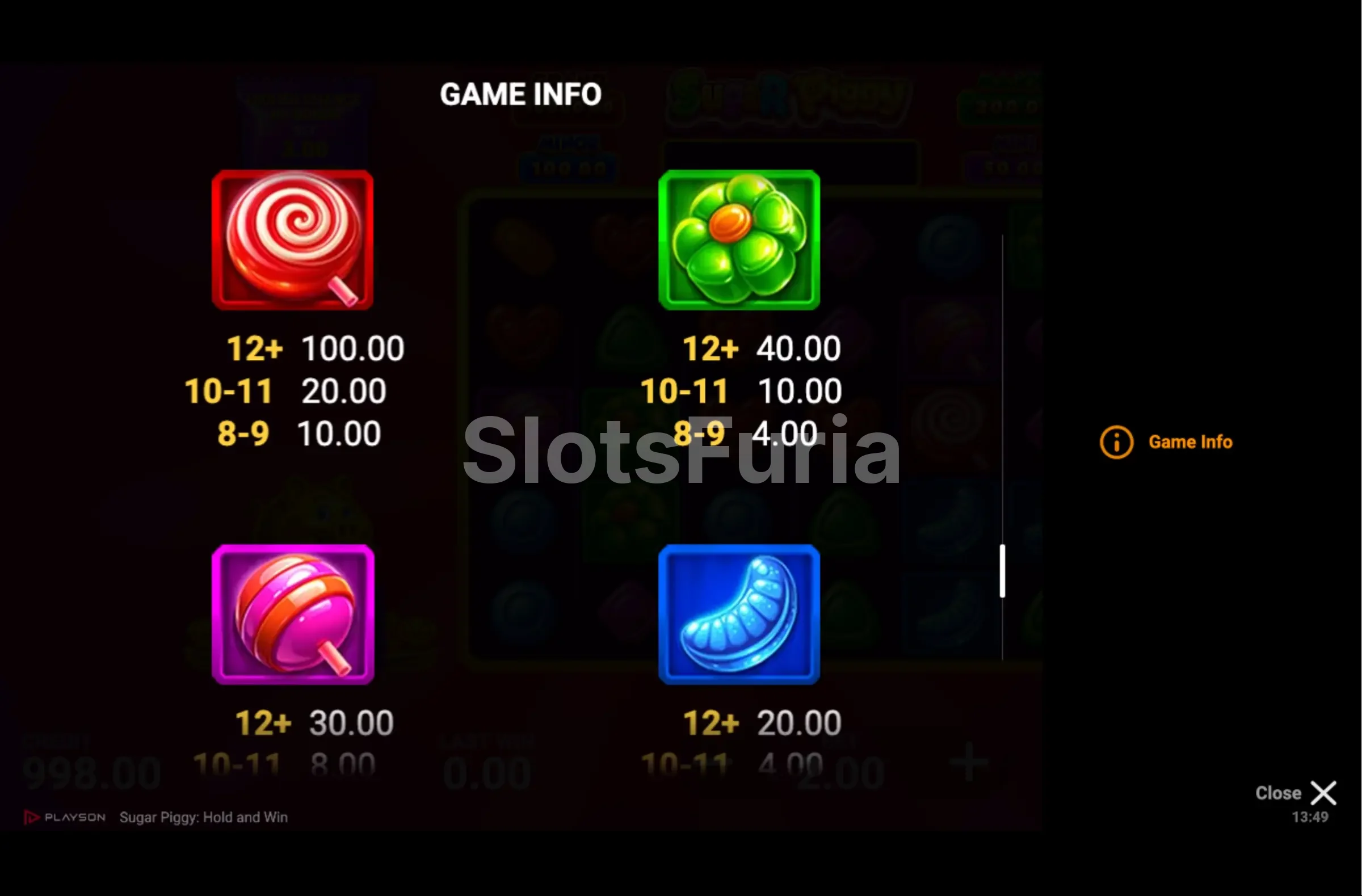 Tabla de pagos de Sugar Piggy con los valores de las monedas