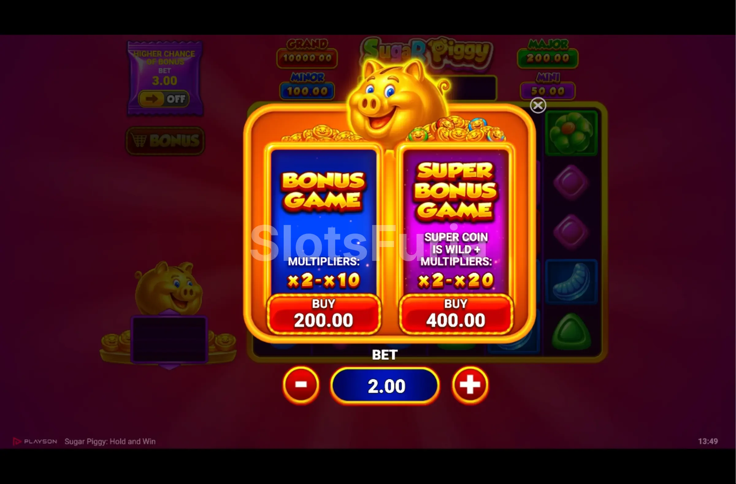 Pantalla de compra de bono en Sugar Piggy con las dos opciones disponibles