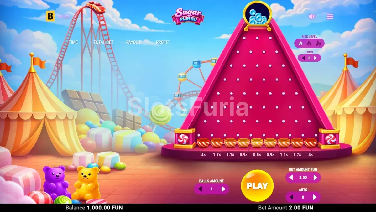 Juego base de Sugar Plinko con el tablero de clavos