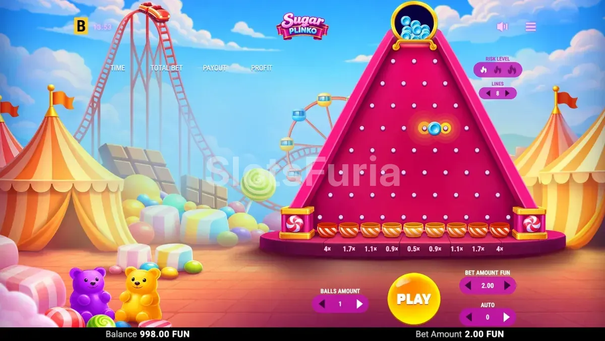 Caída de la bola en el tablero de Sugar Plinko con multiplicadores