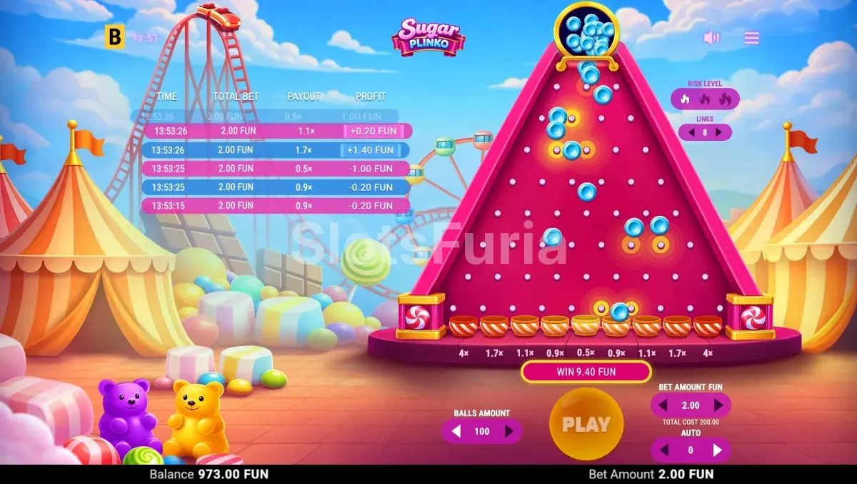 Modo automático de Sugar Plinko con varias bolas cayendo a la vez