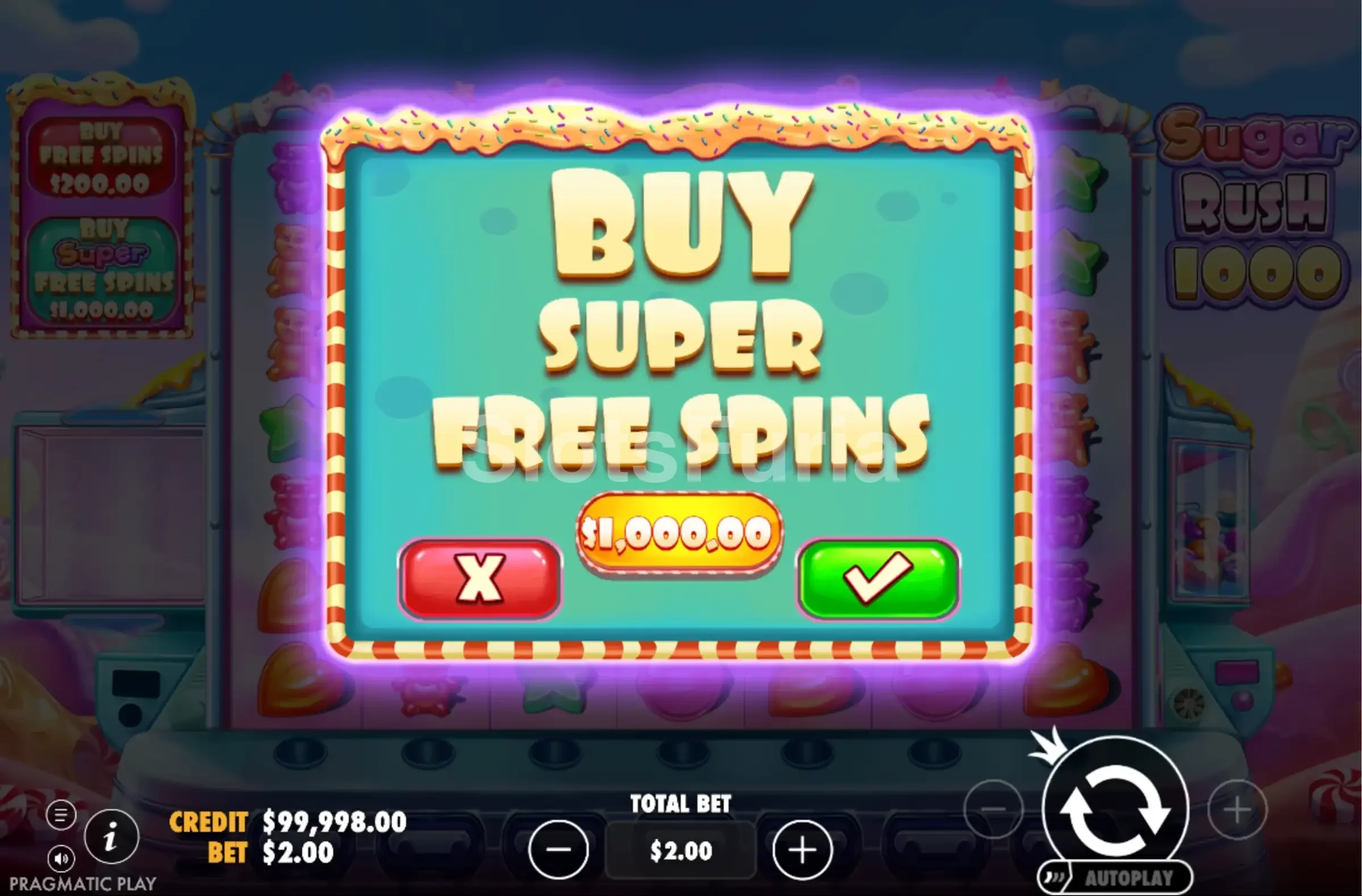 Menú de compra de bonos de Sugar Rush 1000