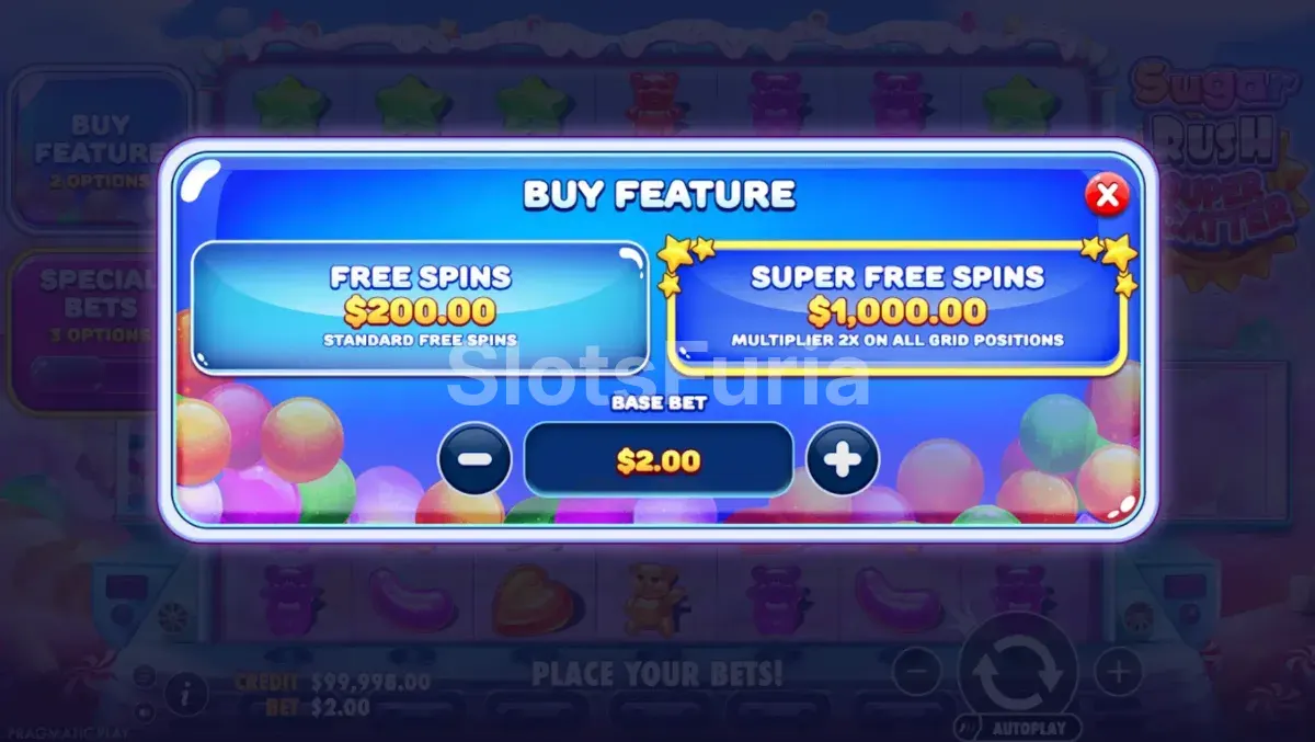 Pantalla de compra de bono en Sugar Rush Super Scatter con opciones disponibles