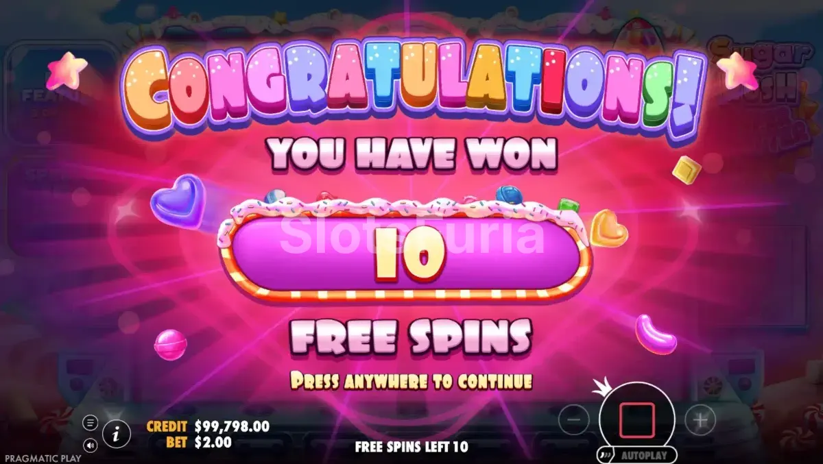 Ronda de tiradas gratuitas activa en Sugar Rush Super Scatter de Pragmatic Play
