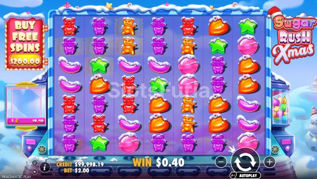 Juego base de Sugar Rush Xmas con cuadrícula nevada de 7x7