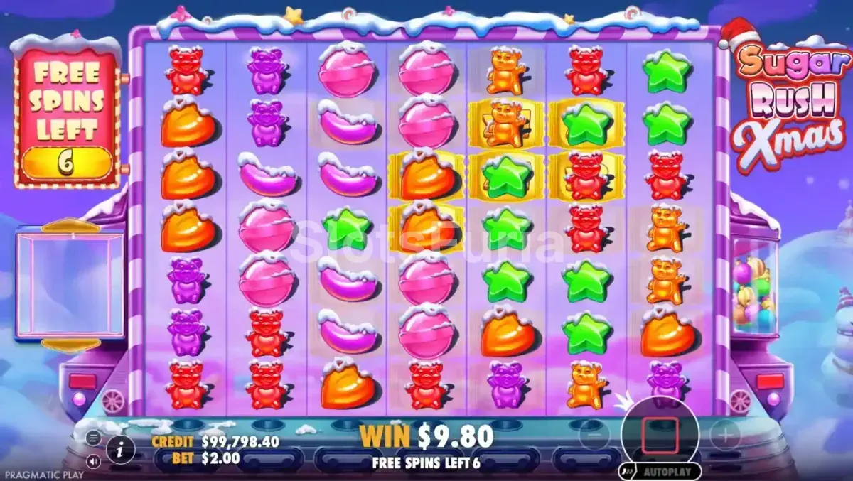 Ronda de giros gratis de Sugar Rush Xmas con multiplicadores acumulados