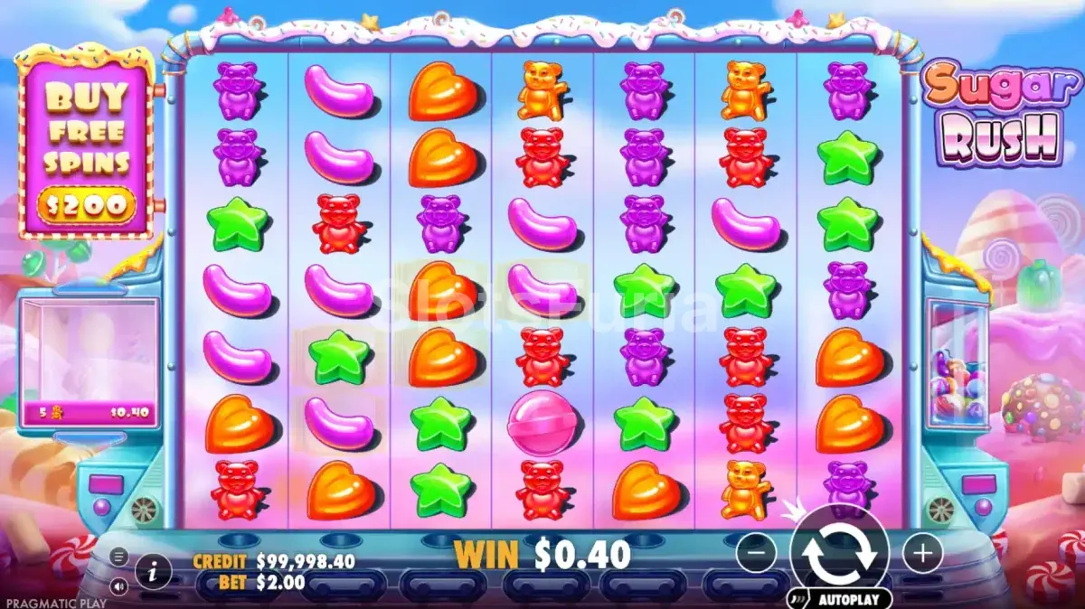 Juego base de Sugar Rush con la cuadrícula de 7x7 y símbolos de dulces