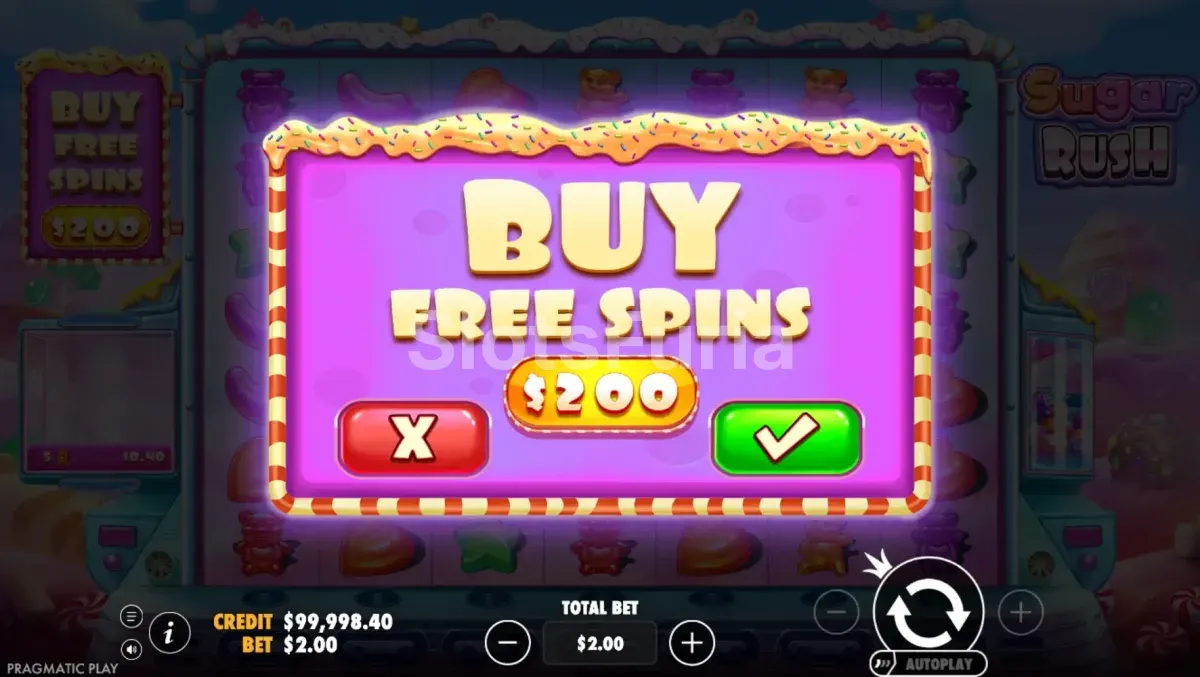 Pantalla de compra de bono en Sugar Rush con el costo de 100x la apuesta