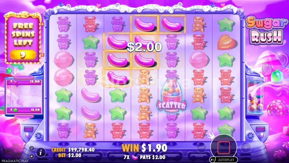 Ronda de giros gratis de Sugar Rush con multiplicadores acumulados en la cuadrícula