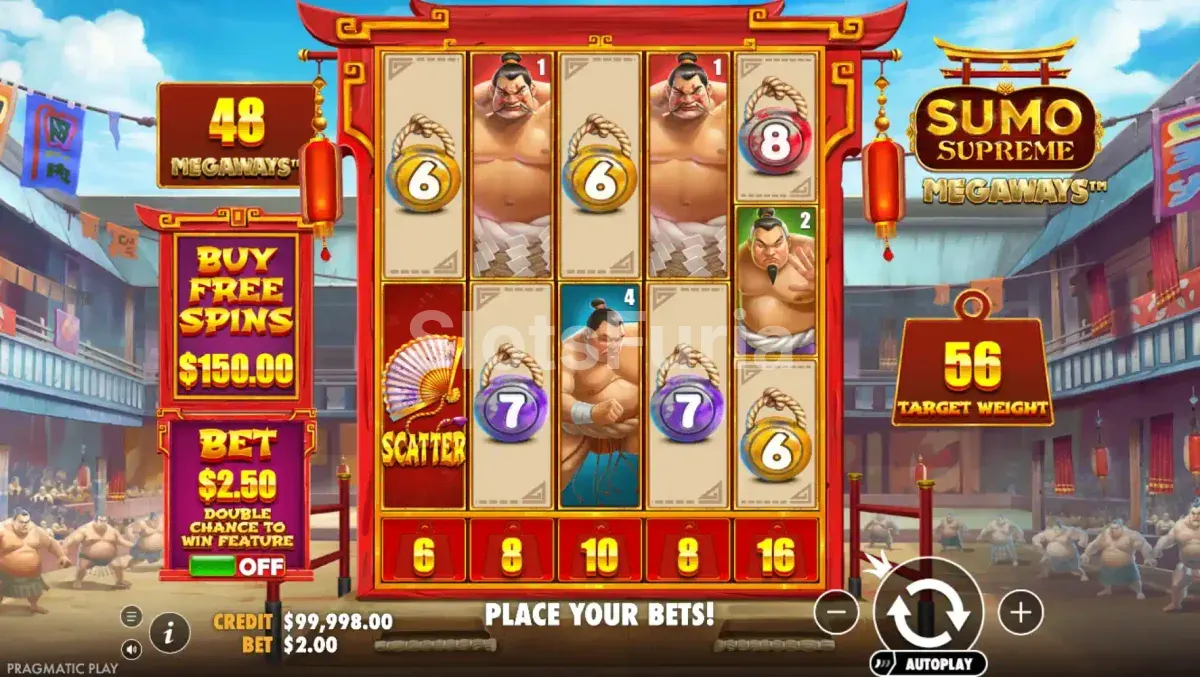Pantalla principal del juego base de Sumo Supreme Megaways