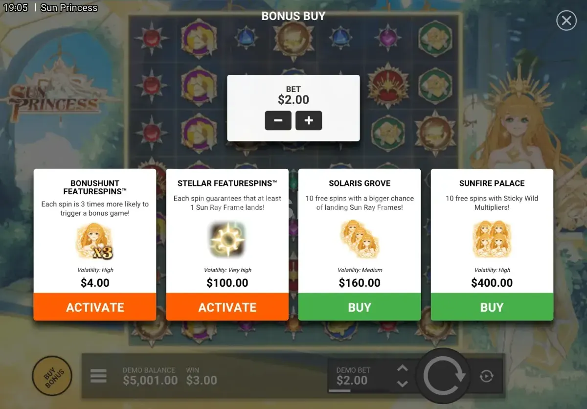 Pantalla de compra de bonos en Sun Princess de Hacksaw Gaming