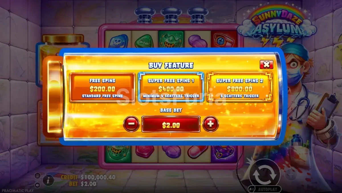Pantalla de compra de bonus en Sunnydaze Asylum