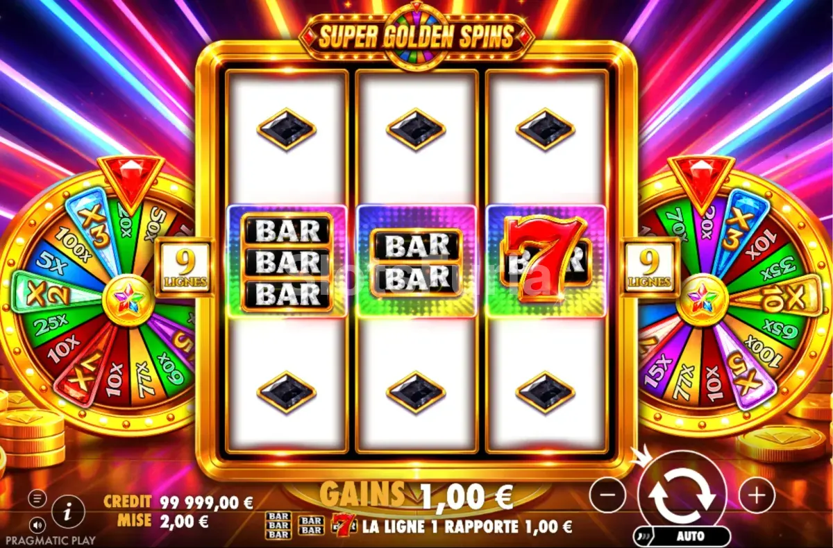 Juego base de Super Golden Spins con la grilla 3x3 y las dos ruedas doradas