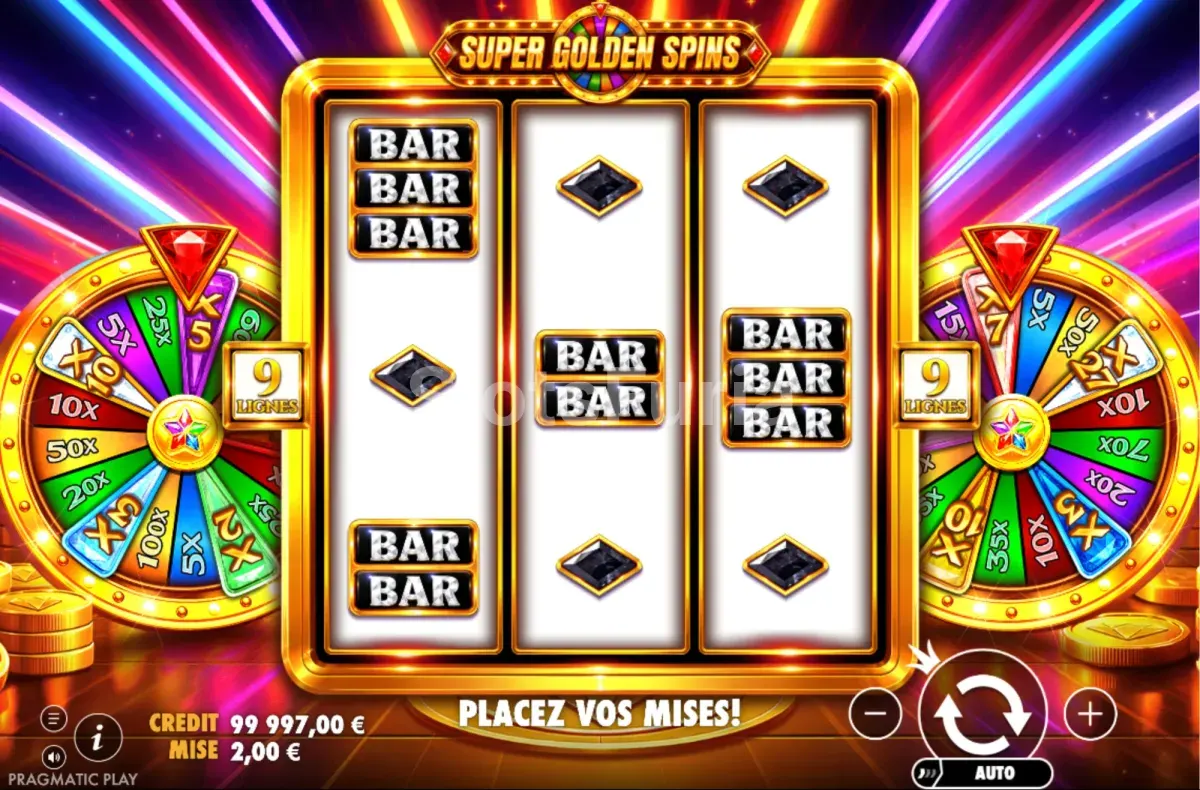 Segunda vista del juego base de Super Golden Spins con símbolos de multiplicador en la grilla