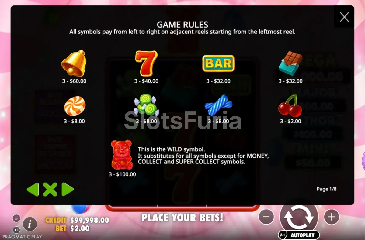 Tabla de pagos de Super Gummy Strike con el Wild y los símbolos