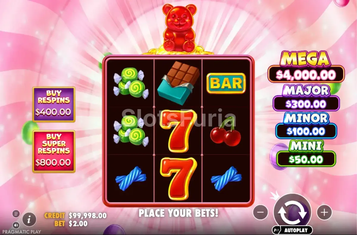 Juego base de Super Gummy Strike en la grilla de 3x3