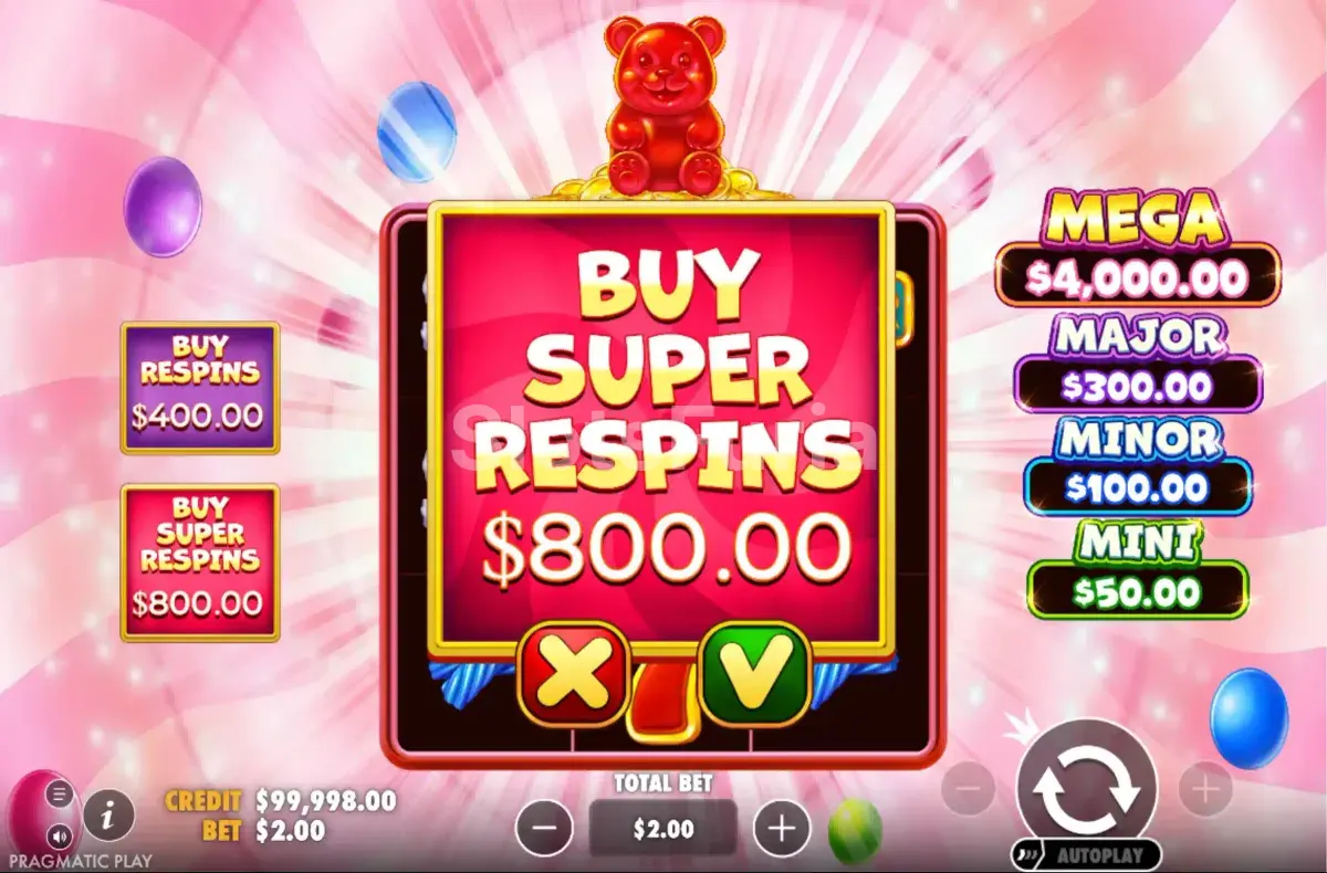 Menú de compra de bono de Super Gummy Strike con las opciones de 200x y 400x