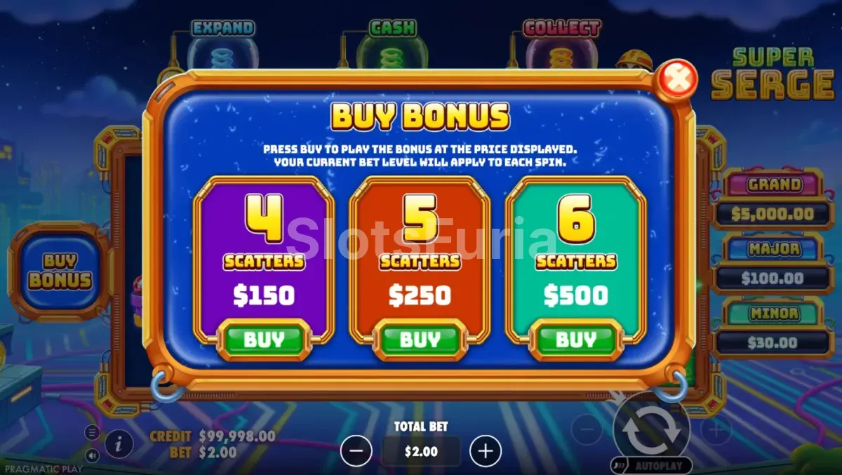 Pantalla de compra de bono en Super Serge de Pragmatic Play