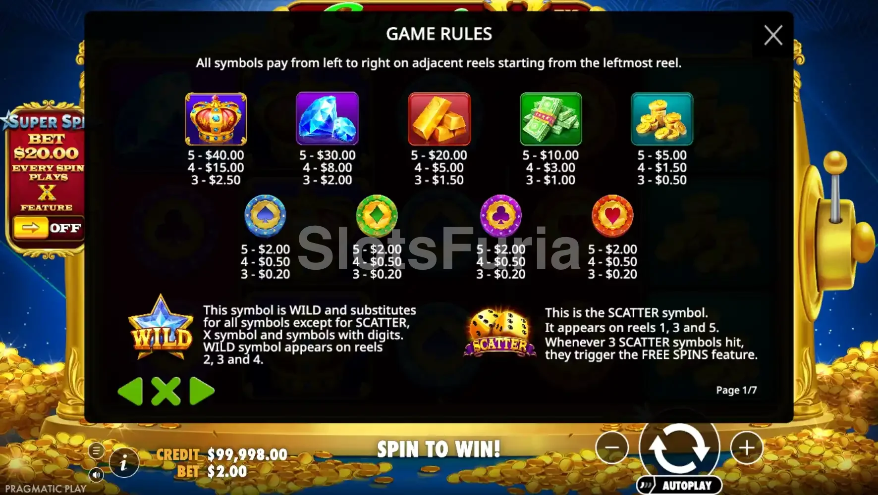 Tabla de pagos detallada del slot Super X