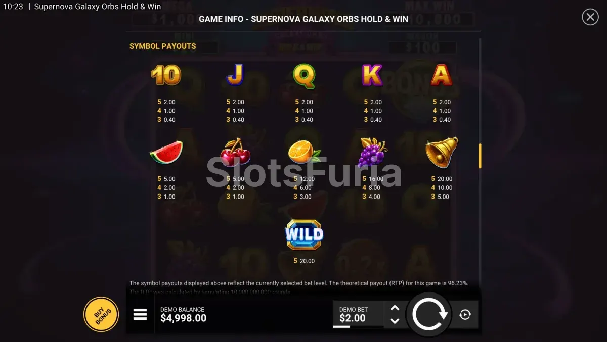 Tabla de pagos de Supernova Galaxy Orbs con valores de los símbolos