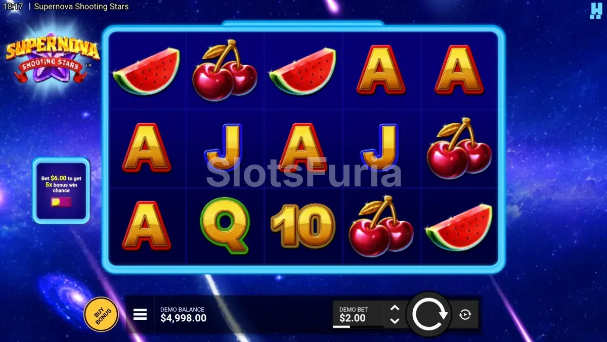 Juego base de Supernova Shooting Stars con la cuadrícula de 5 rodillos y 3 filas