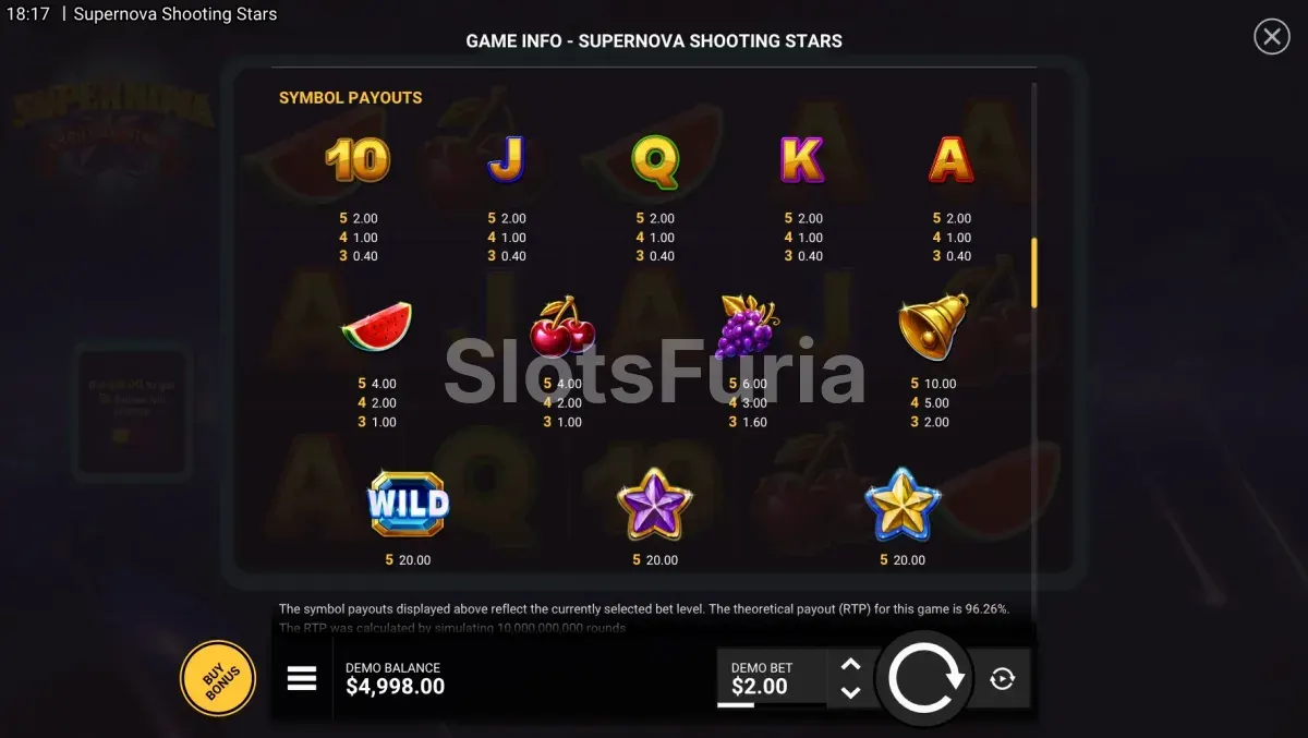 Tabla de pagos de Supernova Shooting Stars con los valores de cartas, frutas y wilds