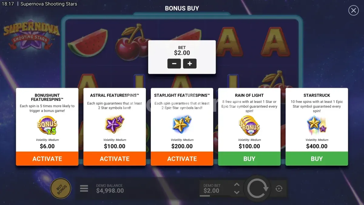 Pantalla de compra de bono de Supernova Shooting Stars con las opciones disponibles