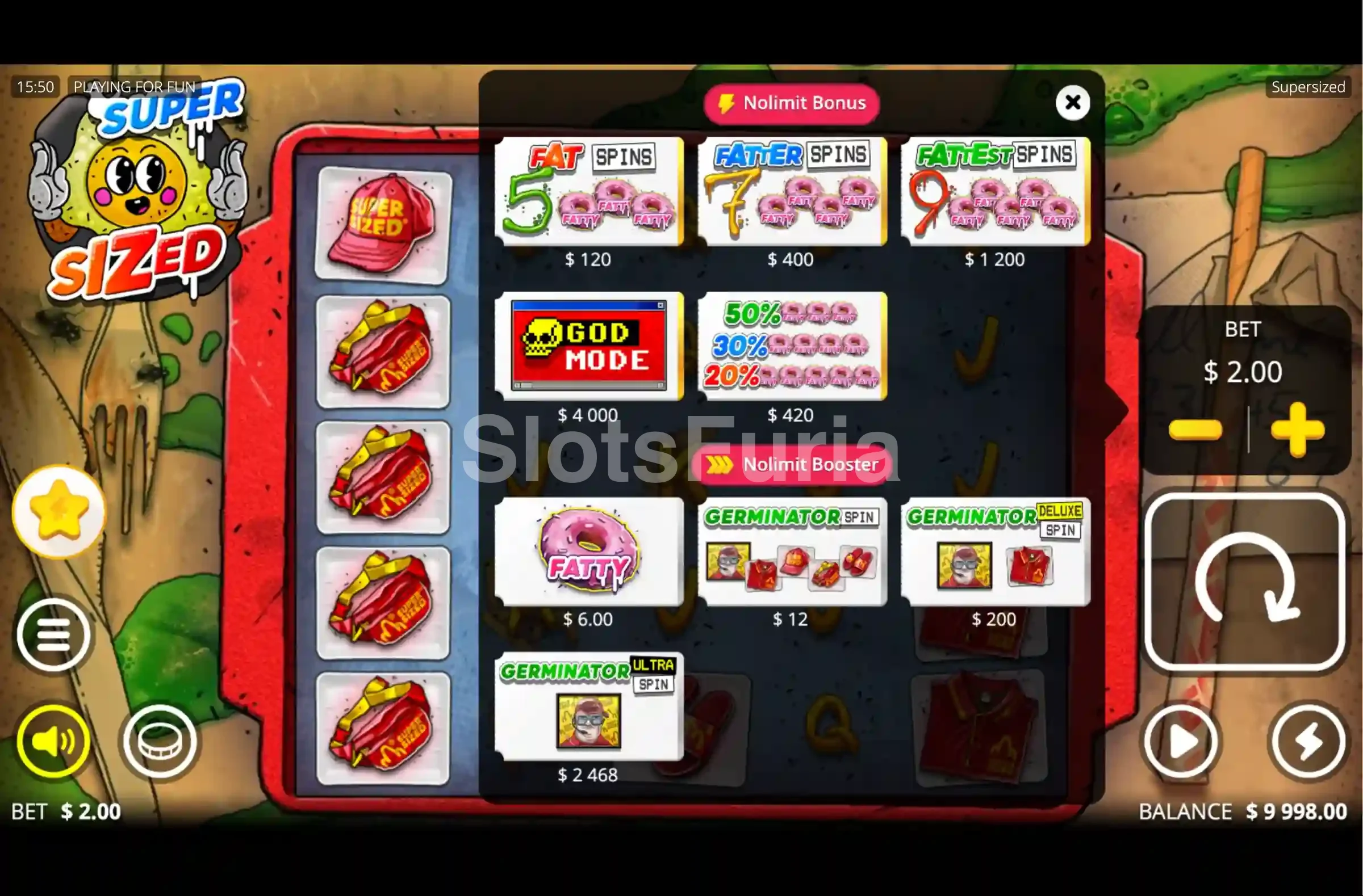 Pantalla de compra de bonus de Supersized