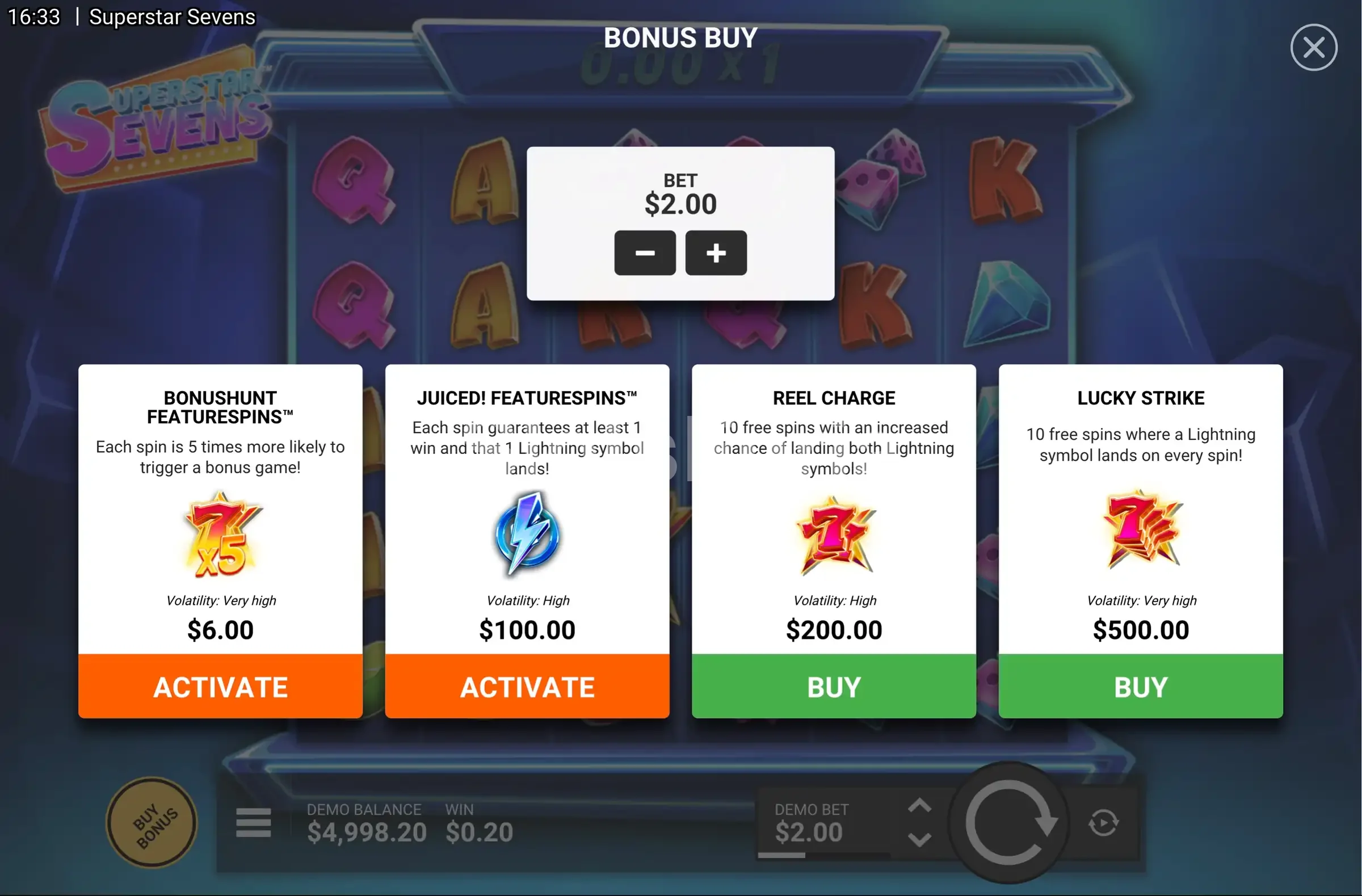 Pantalla de compra de bonus en Superstar Sevens con las opciones disponibles