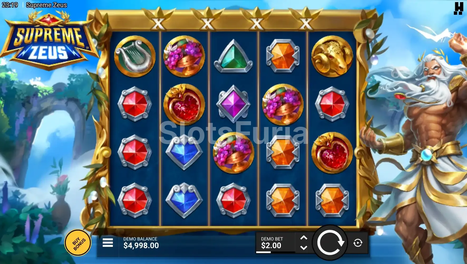 Juego base de Supreme Zeus con la grilla de 5 carretes y 4 filas