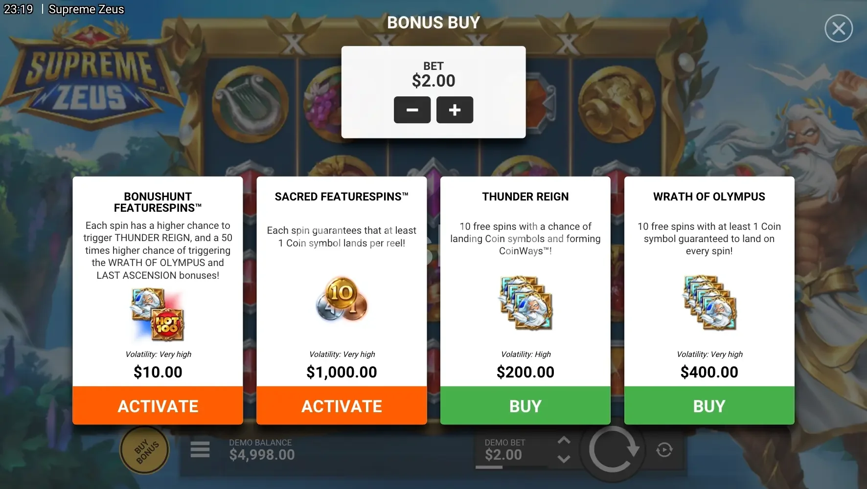Menú de compra de bonos de Supreme Zeus con sus opciones