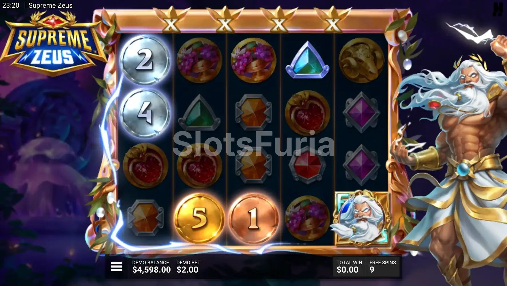 Giros gratis de Supreme Zeus con monedas sobre la grilla