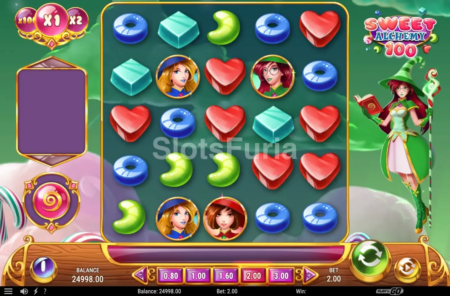 Pantalla principal del juego Sweet Alchemy 100 con las tres brujas