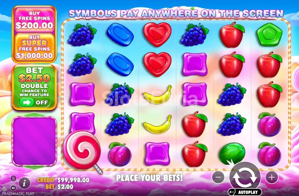 Pantalla principal de Sweet Bonanza 1000 con tablero lleno de frutas y dulces