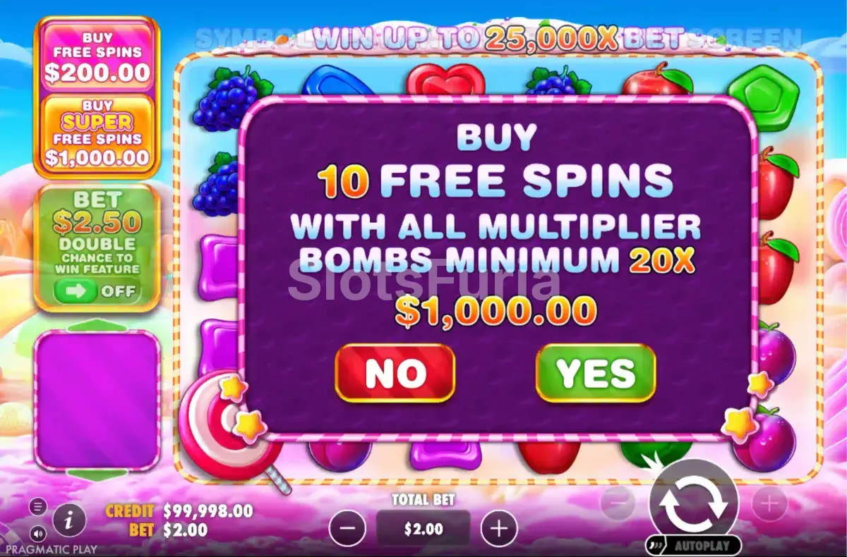 Menú de compra de bonus en Sweet Bonanza 1000 con opciones de apuesta