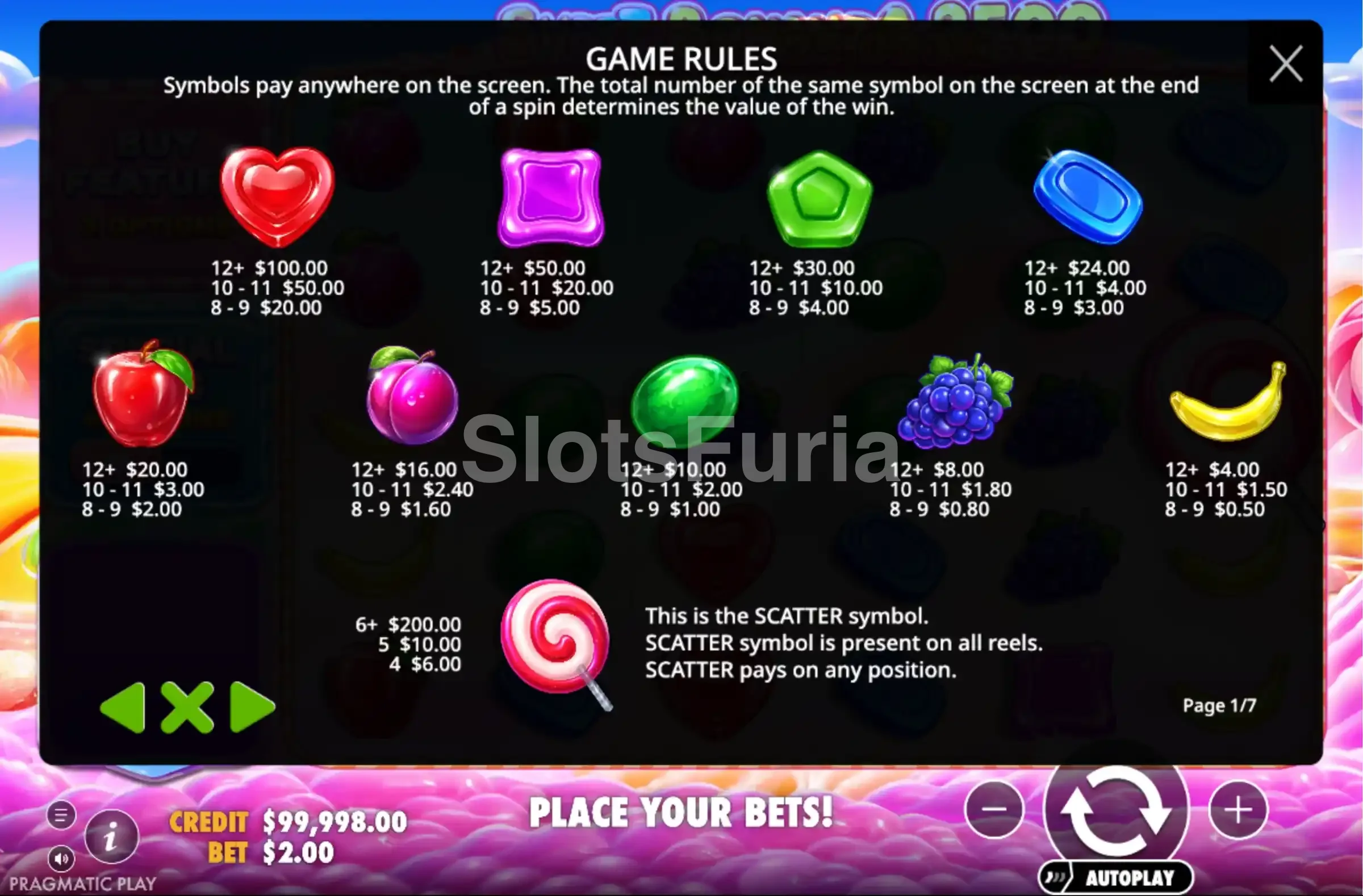 Tabla de pagos y símbolos de Sweet Bonanza 2500