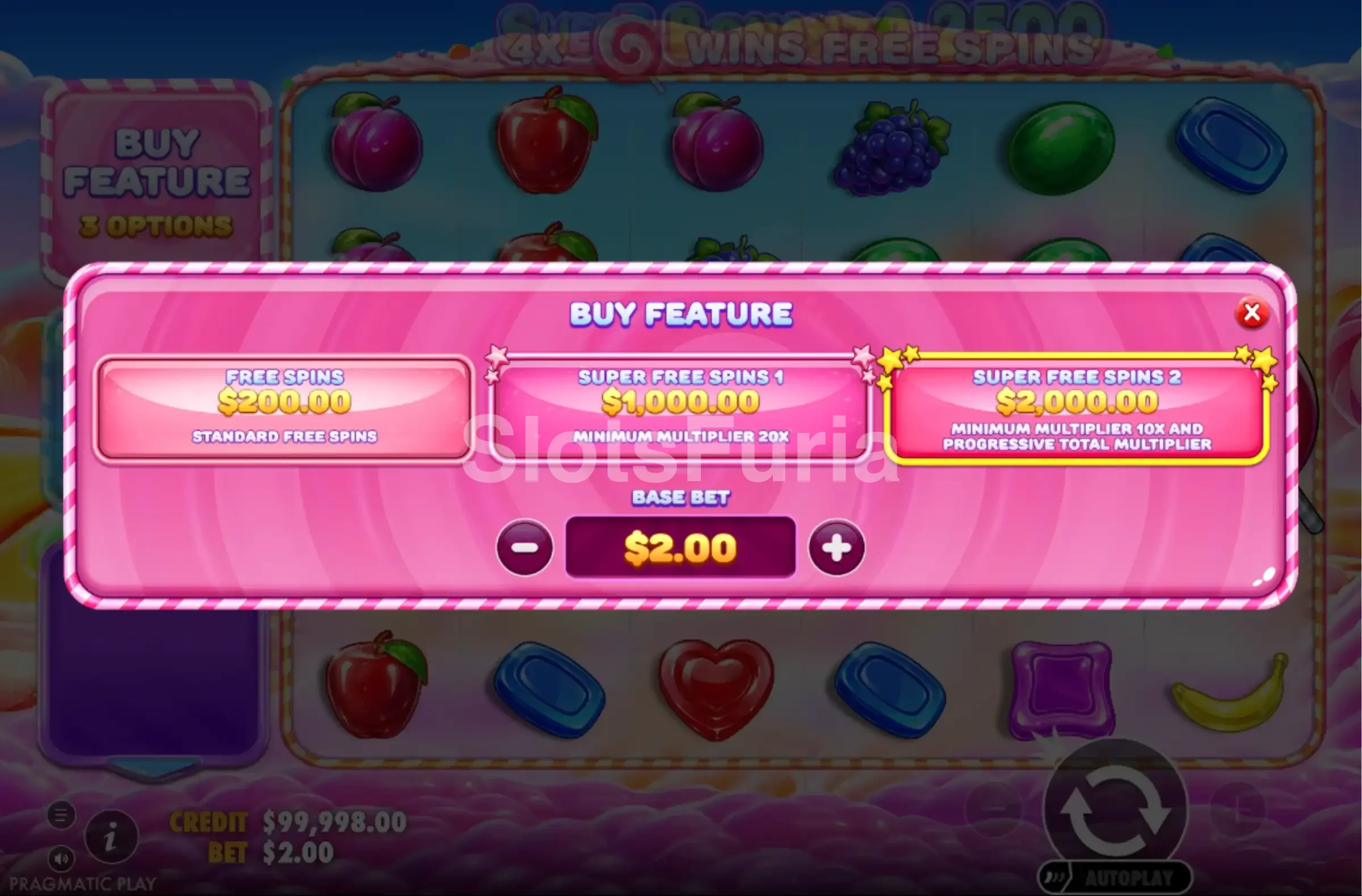 Menú de compra de bonos en Sweet Bonanza 2500