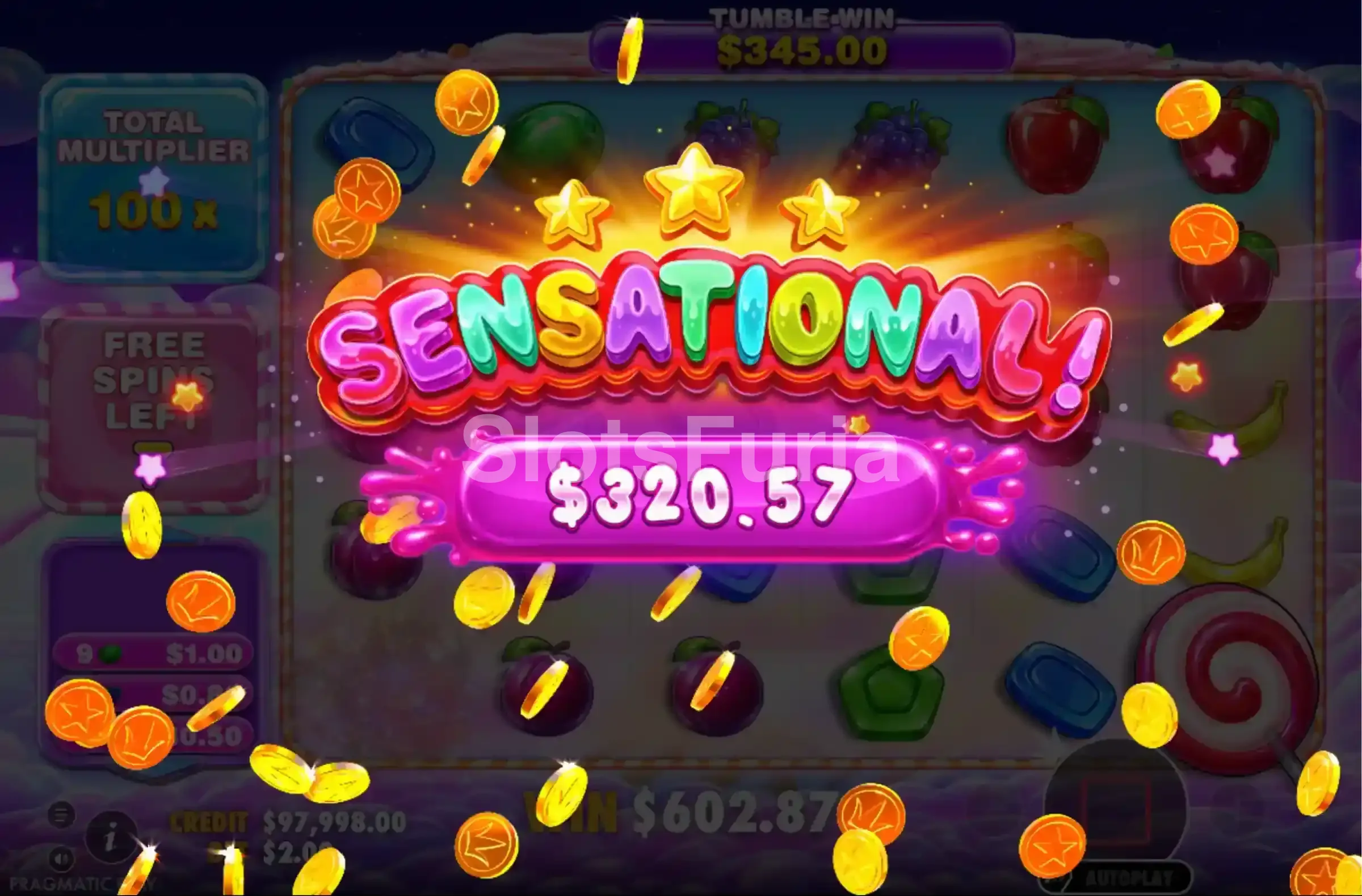 Pantalla de gran victoria en Sweet Bonanza 2500