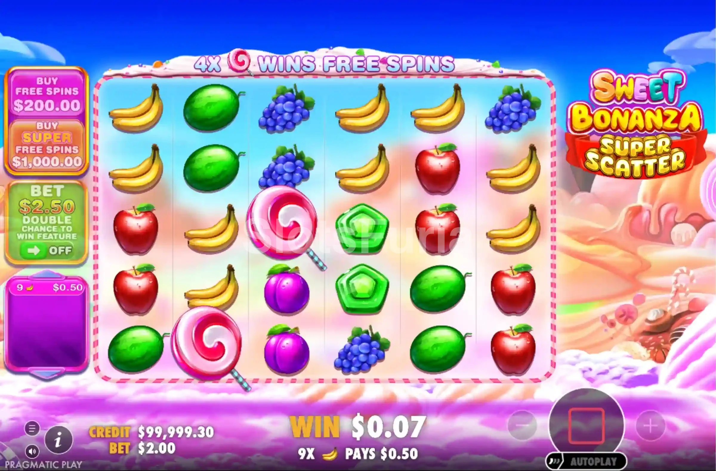 Pantalla principal del juego base en Sweet Bonanza Super Scatter