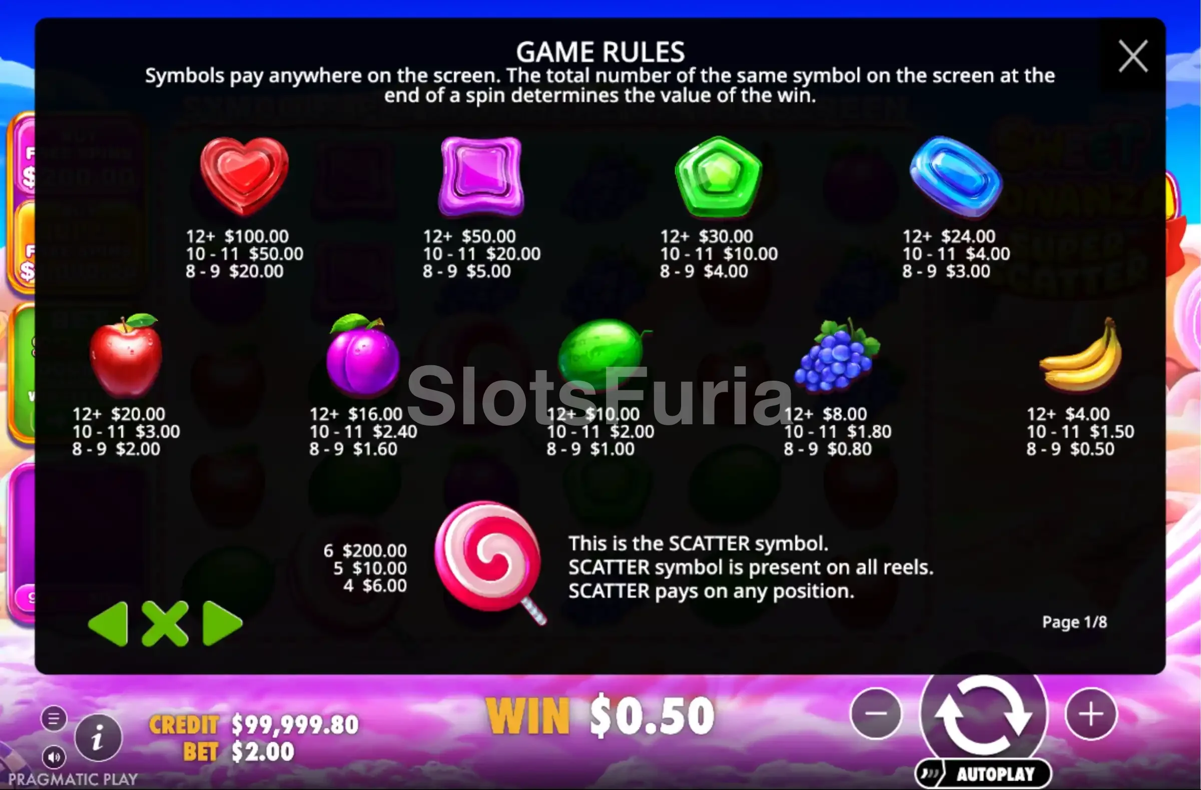 Tabla de pagos y símbolos de Sweet Bonanza Super Scatter