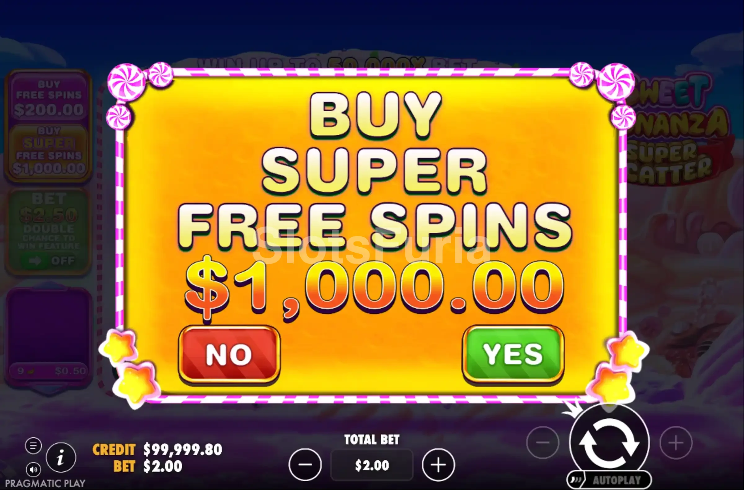 Pantalla de compra de bonos en Sweet Bonanza Super Scatter