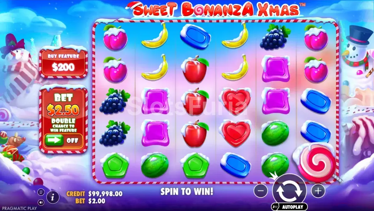 pantalla principal de Sweet Bonanza Xmas con la cuadrícula nevada