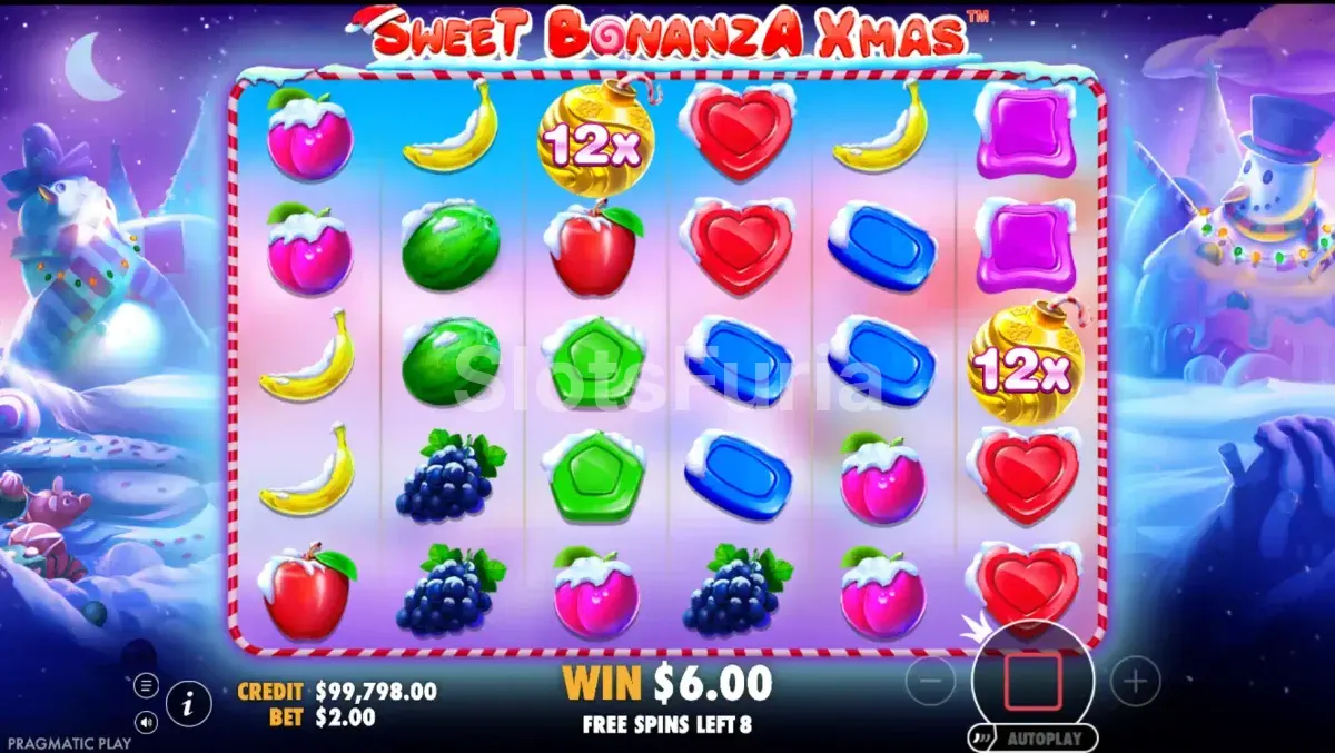 ronda de giros gratuitos de Sweet Bonanza Xmas con multiplicadores activos