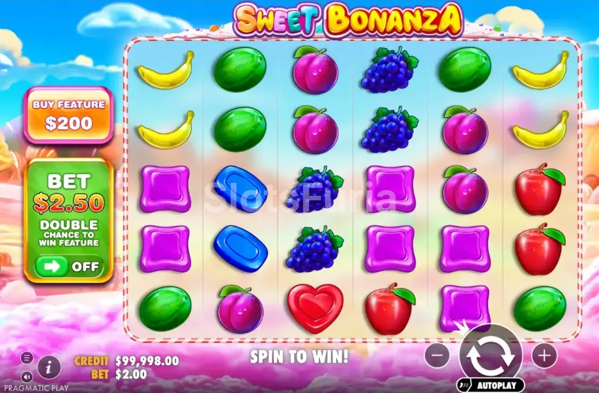 Juego base de Sweet Bonanza con la cuadrícula de 6 rodillos y 5 filas