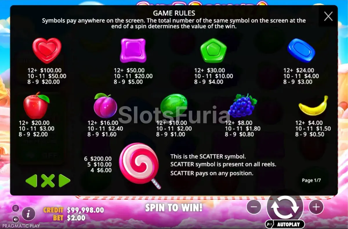 Tabla de pagos de Sweet Bonanza con los tramos de 8, 10 y 12 símbolos