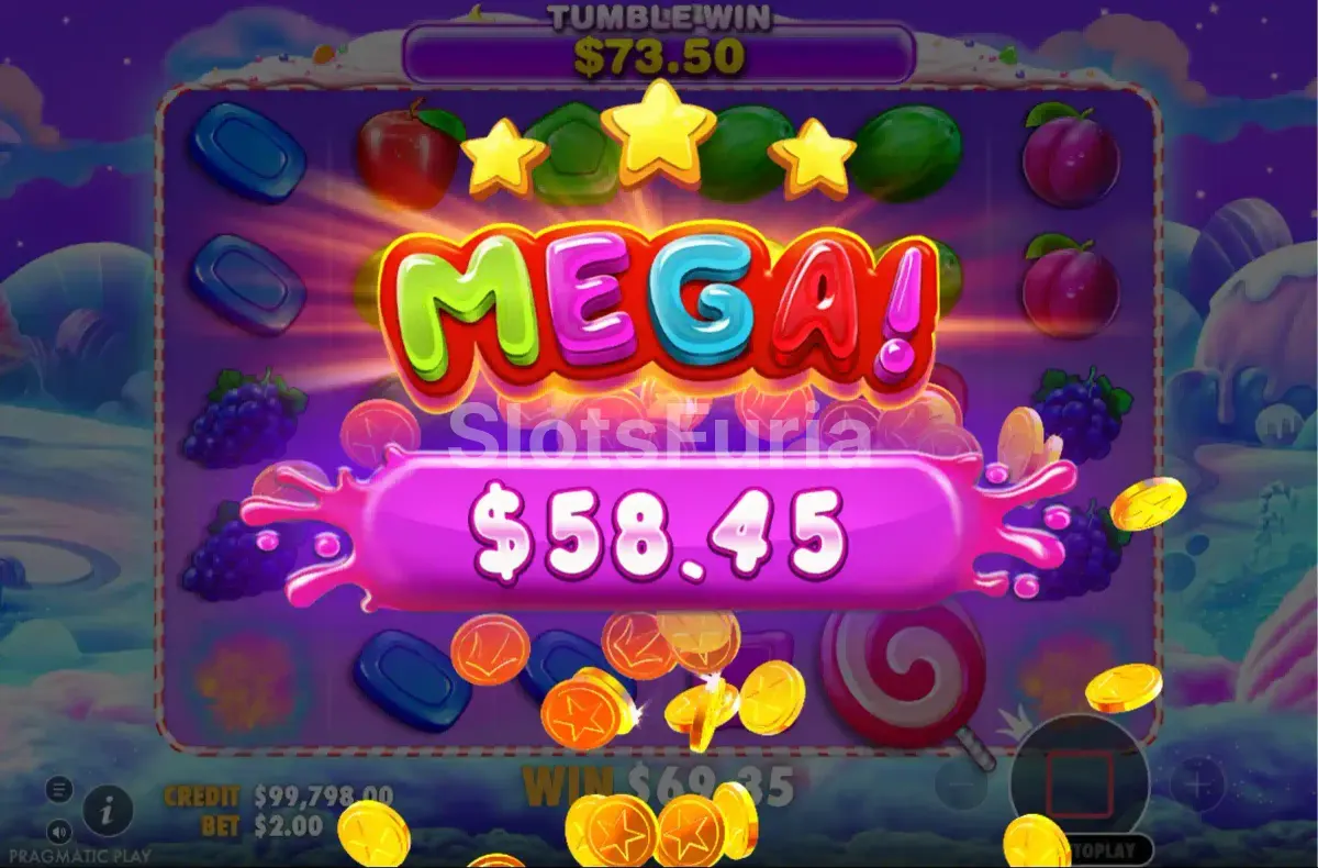 Pago alto acumulado en una secuencia de cascadas de Sweet Bonanza