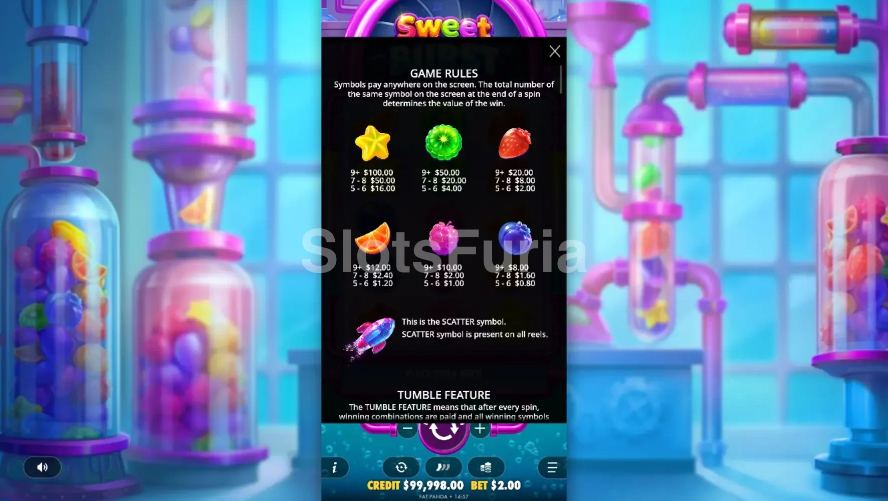 Tabla de pagos de Sweet Burst mostrando los valores de cada símbolo