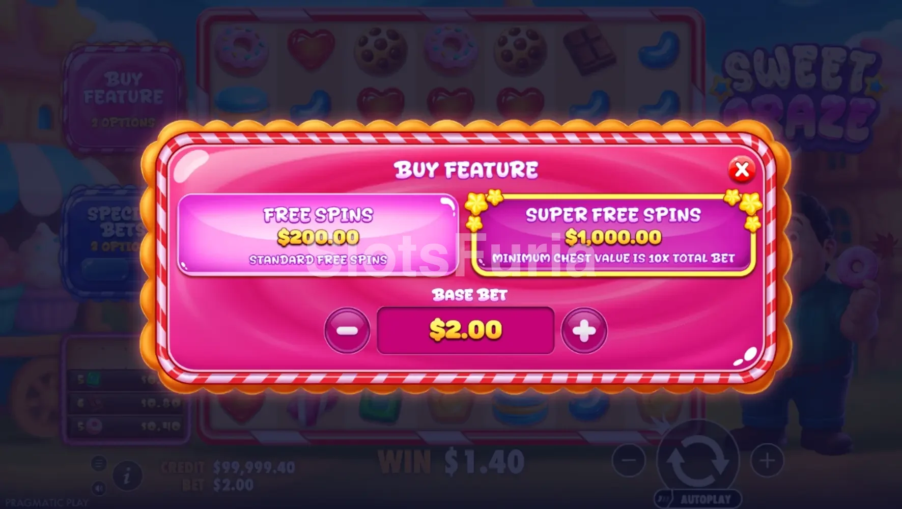 Menú de compra de bono de Sweet Craze